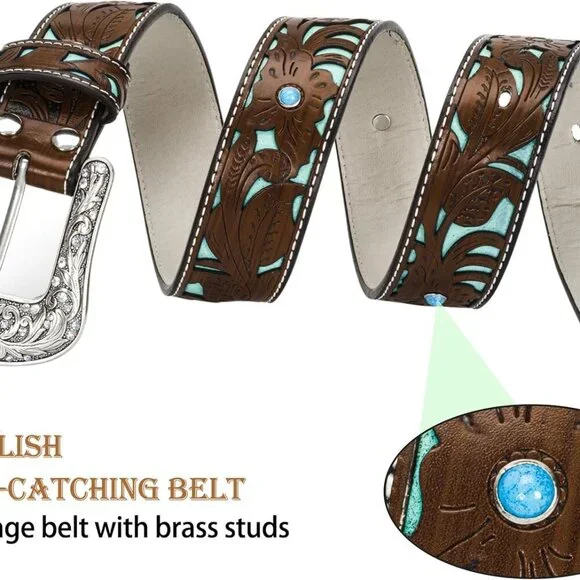 Adjustable-Vintage-Western-Cowboy-Belt Women Men - Cowboy-Style Engraved-Buckle - Picture 5 of 11